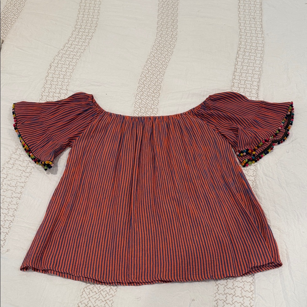 Kori Red and Navy Striped Off-Shoulder Puff Sleeve Top